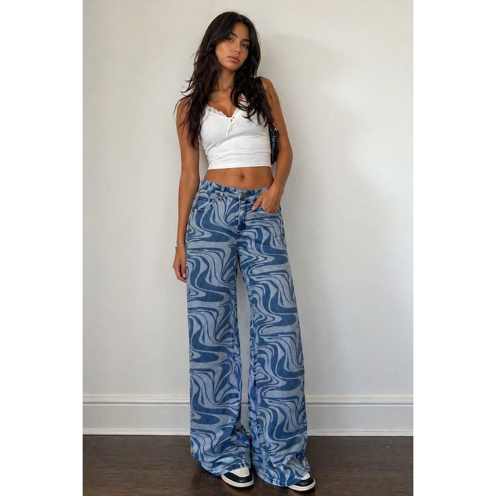 Swirl Print Wide Leg Jeans High Rise Light Wash Y2K Indie Statement Sz S